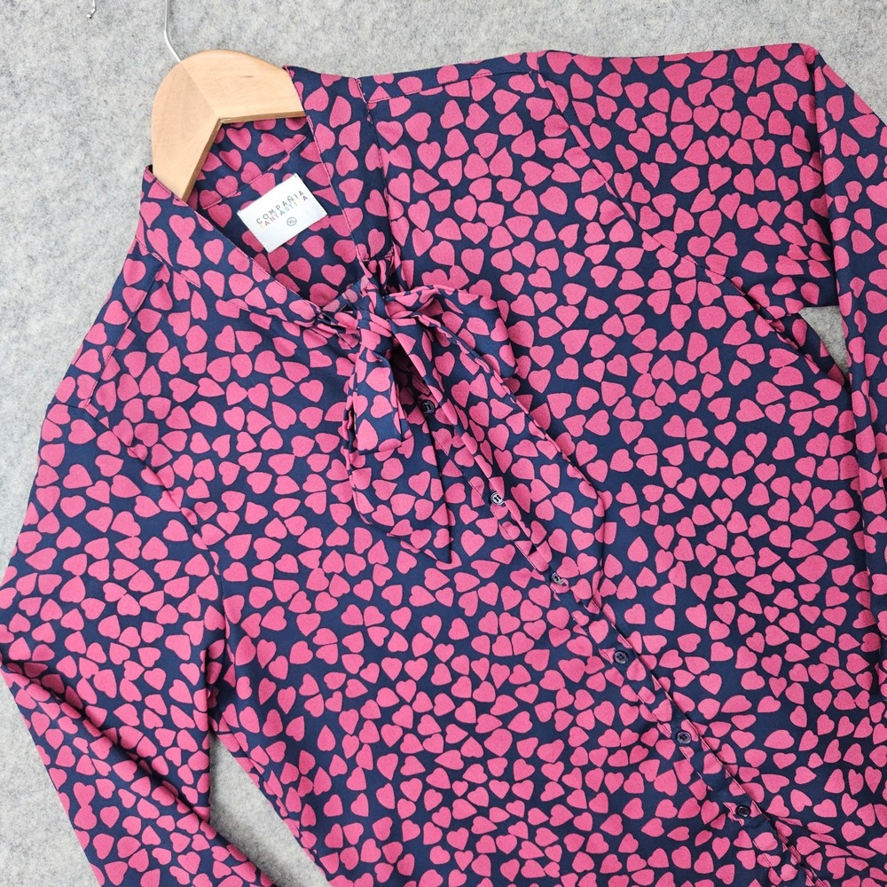 Compania Fantastica Blouse Women's XL Pink Navy Heart Print Tie Neck Long Sleeve